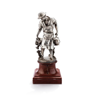 View full screen - View 1 of Lot 103. A silver-plated bronze gardener, "L'Arrosage", model by Louis-Eugène Longepied, for Christofle & Cie, Paris, 1901-1902 | Jardinier en bronze argenté, "L'Arrosage", modèle de Louis-Eugène Longepied pour Christofle & Cie, Paris, 1901-1902.