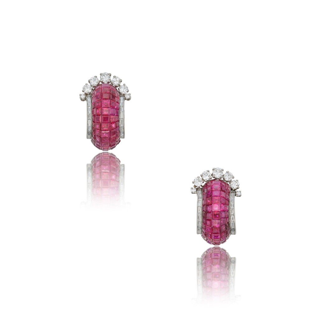 View full screen - View 1 of Lot 22. Pair of 'Mystery-Set' Ruby and Diamond Earclips.