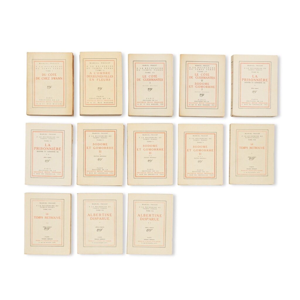 View full screen - View 1 of Lot 113. La Recherche. NRF, 1919-1927 (13 vol brochés) + Les Plaisirs et les jours + Hommage à Marcel Proust (2 vol).