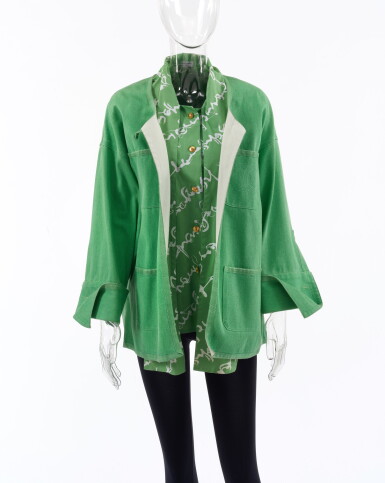 View full screen - View 1 of Lot 152. CHANEL | GREEN DENIM JACKET AND SIGNATURE SHIRT .
