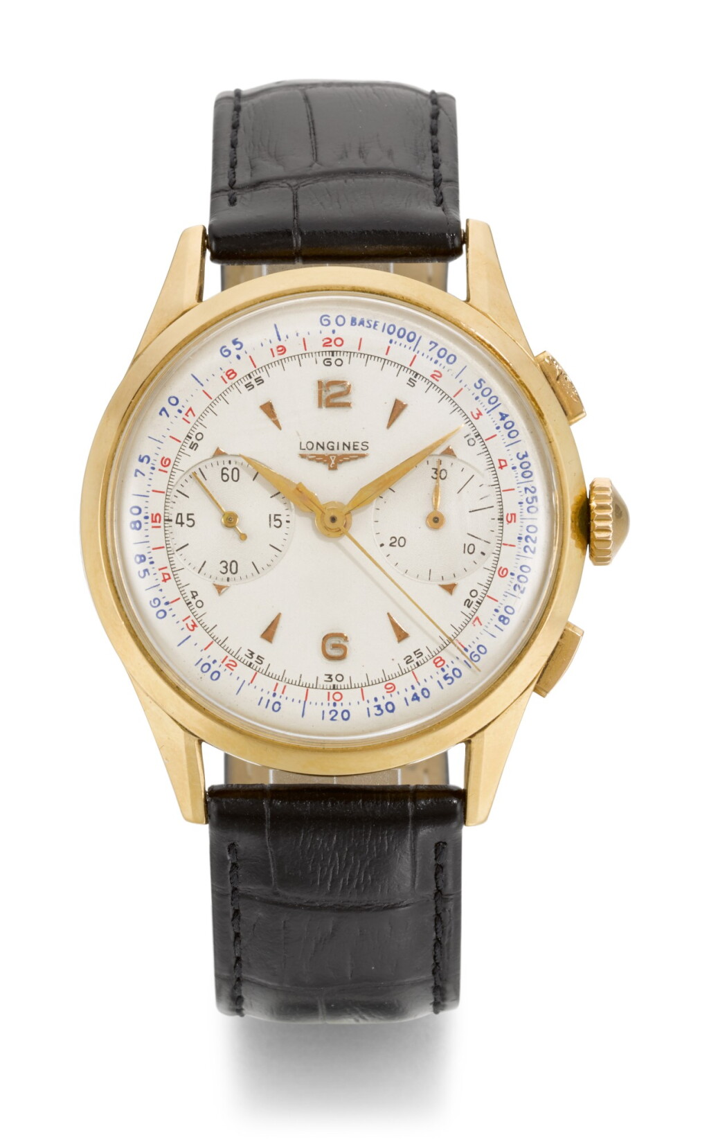 View full screen - View 1 of Lot 35. LONGINES | REFERENCE 5967, YELLOW GOLD FLYBACK CHRONOGRAPH WRISTWATCH, CIRCA 1957.