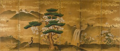 View full screen - View 1 of Lot 145. Anonymous | Birds among pine, cherry and chrysanthemums | Edo period, 18th century .