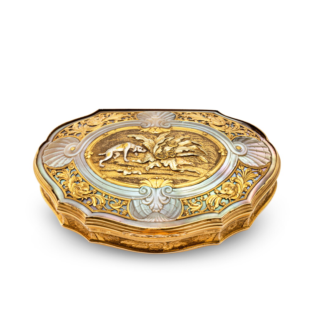 View full screen - View 1 of Lot 90. A German Gold and Mother of Pearl Snuff Box, Probably Dresden, Circa 1730.