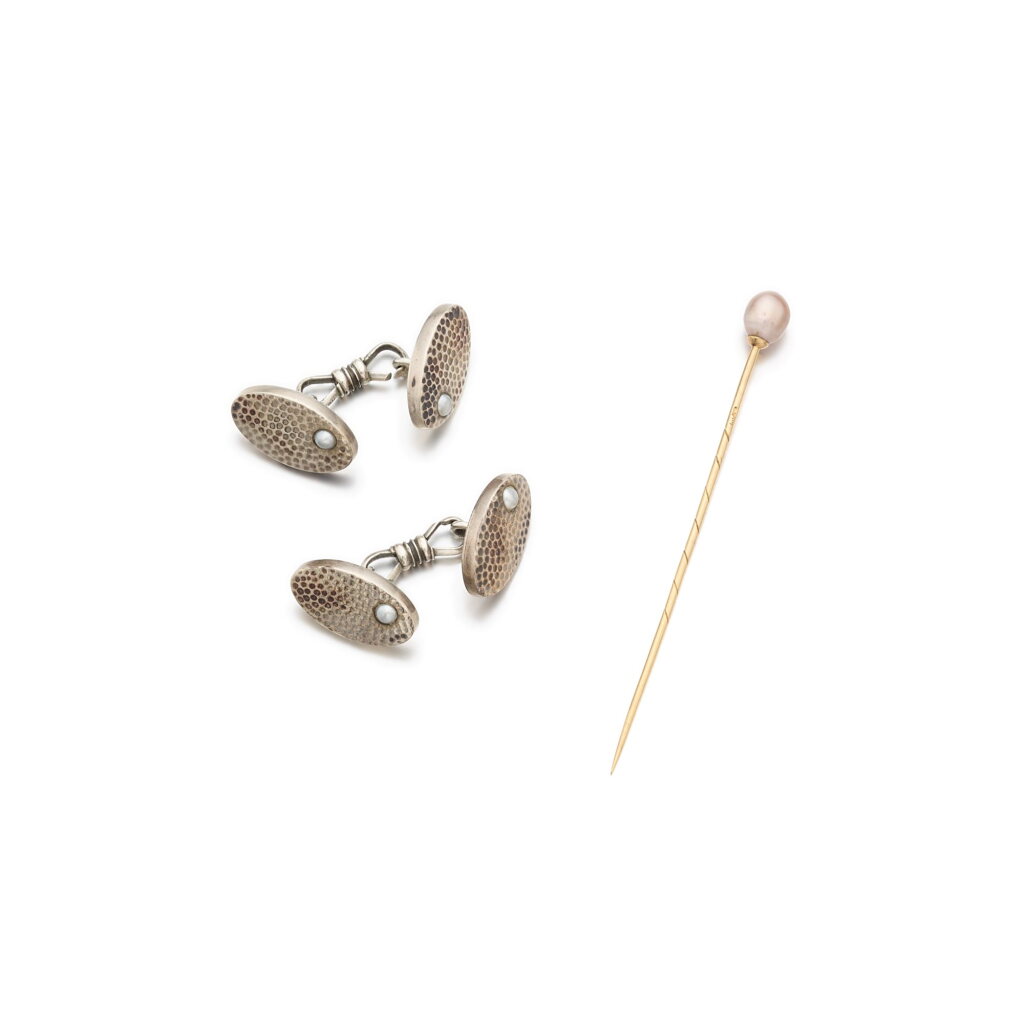 View full screen - View 1 of Lot 1176. Pair of seed pearl cufflinks and a pearl tie pin, circa 1910.