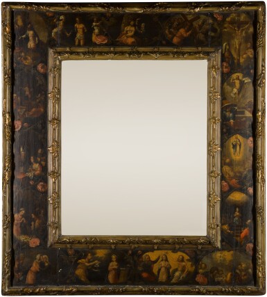 View full screen - View 1 of Lot 332. A mirror with a frame depicting scenes from the life of Christ and the life of the Virgin Mary.