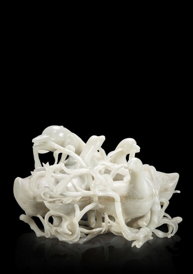 View full screen - View 1 of Lot 3635. A massive white jade 'duck' box and cover, Qing dynasty, Qianlong period | 清乾隆 白玉雕荷塘寶鴨式蓋盒.