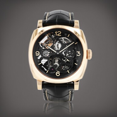 View full screen - View 1 of Lot 184. Lo Scienziato Radiomir 1940 Tourbillon GMT, reference PAM 00559, OP 6961 Montre bracelet en or rose avec tourbillon, date et réserve de marche | Pink gold tourbillon wristwatch with date and power reserve Vers 2015 | Circa 2015.