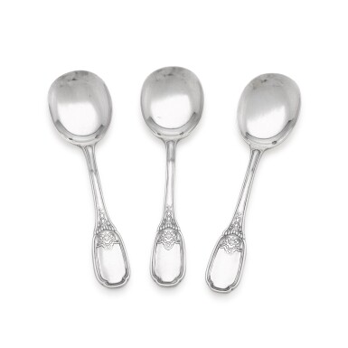 View full screen - View 1 of Lot 3. King Farouk: Three silver sorbet spoons, Henri Laparra, with 1st standard Paris export marks, mid 20th century.