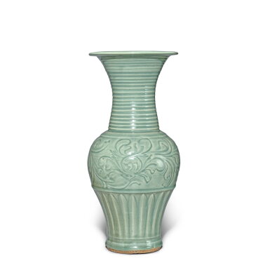 View full screen - View 1 of Lot 36. A carved 'Longquan' 'peony' vase, Yuan - early Ming dynasty | 元至明初 龍泉窰青釉牡丹紋鳳尾尊.