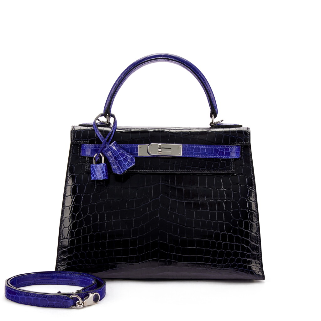 View full screen - View 1 of Lot 1620. Bleu Indigo and Bleu Électrique Shiny Niloticus Crocodile HSS Kelly 28 Sellier Palladium Hardware, 2014.