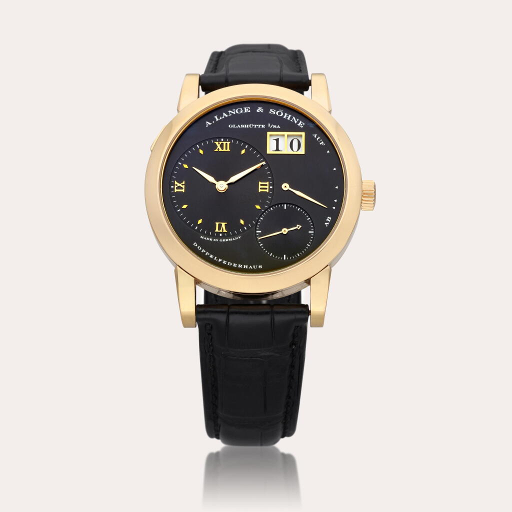 View full screen - View 1 of Lot 371. Reference 101.031 Lange 1 | A pink gold wristwatch with date and power reserve indication, Circa 2004.
