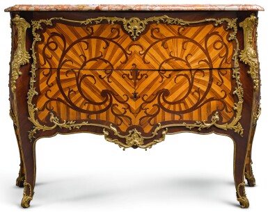 View full screen - View 1 of Lot 118. A LOUIS XV GILT-BRONZE-MOUNTED TULIPWOOD, AMARANTH AND BOIS SATINÉ MARQUETRY BOMBÉ COMMODE BY ADRIEN DELORME MID-18TH CENTURY.
