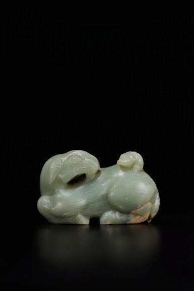 View full screen - View 1 of Lot 455. A pale green jade 'ram and squirrel' group, Qing dynasty, 18th century | 清十八世紀 青玉雕松鼠戯羊擺件.