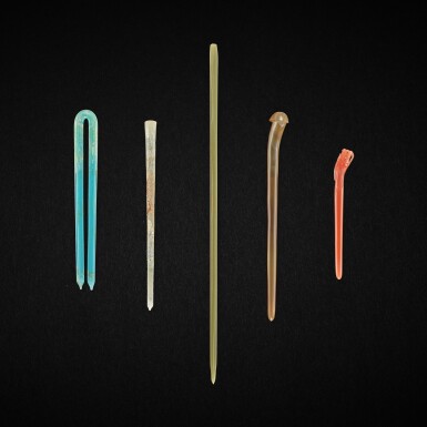 View full screen - View 1 of Lot 3020. A group of five hairpins, Eastern Zhou dynasty, Warring States period - Ming dynasty 東周戰國至明 髮簪一組五件.