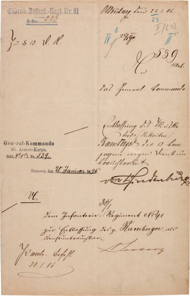 View full screen - View 1 of Lot 54. Hindenburg | Document signed as Field Marshal, 1896.
