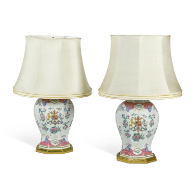 View full screen - View 1 of Lot 51. A pair of Continental porcelain octagonal baluster vases now mounted as lamps, circa 1900.