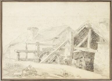 View full screen - View 1 of Lot 230. HUBERT ROBERT | LANDSCAPE WITH FIGURES BY A MILL.
