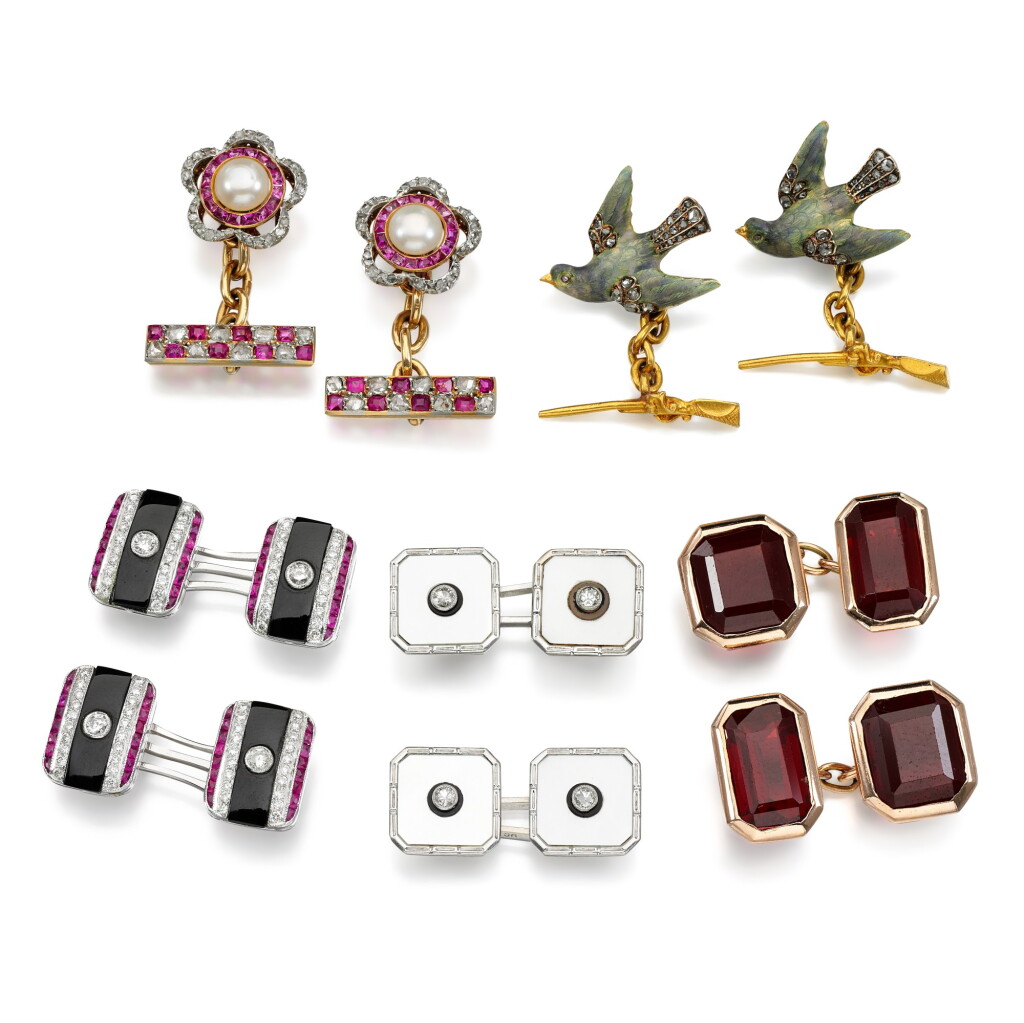 View full screen - View 1 of Lot 211. Five pairs of enamel, gem set and diamond cufflinks.