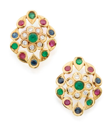 View full screen - View 1 of Lot 49. PAIR OF RUBY, EMERALD, SAPPHIRE AND DIAMOND EARCLIPS, CARTIER, PARIS.