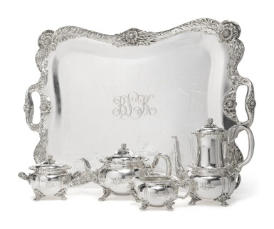View full screen - View 1 of Lot 298. An American Silver Four-Piece Chrysanthemum Pattern Tea and Coffee Set with Matching Tray, Tiffany & Co., New York, Modern.