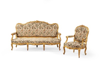 View full screen - View 1 of Lot 180. A Louis XV style gilt wood sofa and armchair .