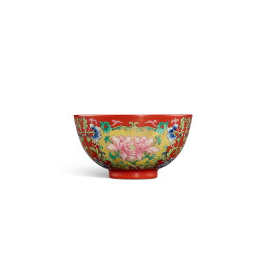 View full screen - View 1 of Lot 3387. A red-ground famille-rose 'flower' bowl, Seal mark and period of Daoguang | 清道光 紅地粉彩花卉紋盌 《大清道光年製》款.