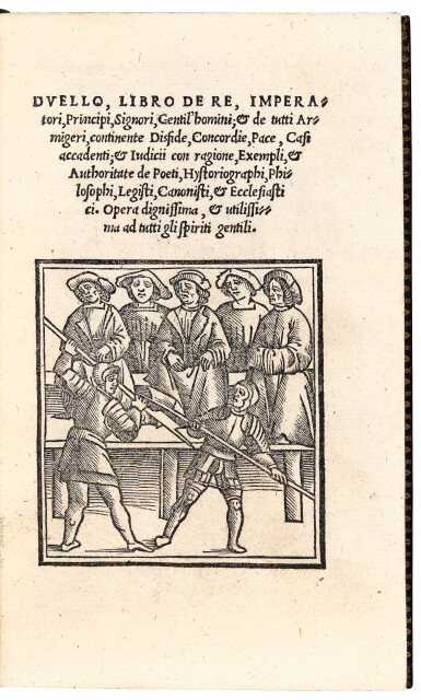 View full screen - View 1 of Lot 372. Pozzo, Duello, Venice, 1521; Tre libri della disciplina militare, Venice, 1550, 2 volumes.