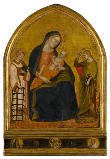View full screen - View 1 of Lot 139. Madonna Nursing the Christ Child with Saints Lawrence and Margaret; Predella: the Man of Sorrows, Mater Dolorosa, and Saint John the Evangelist, with two coats of arms.