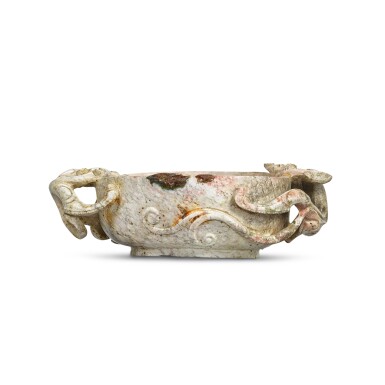 View full screen - View 1 of Lot 68. An archaistic chicken bone jade 'chilong' censer, wood stand 17th/18th century | 十七/十八世紀 鷄骨白玉仿古螭龍雙耳洗.