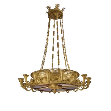 View full screen - View 1 of Lot 33. An Empire Gilt-Bronze and Red Glass Eighteen-Light Chandelier, Possibly Russian, Circa 1810.