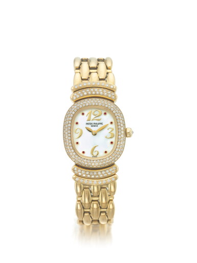 View full screen - View 1 of Lot 43. PATEK PHILIPPE | REF 4831/11 GOLDEN ELLIPSE, A YELLOW GOLD AND DIAMOND SET BRACELET WATCH WITH MOTHER OF PEARL AND SAPPHIRE SET DIAL MADE IN 1997.