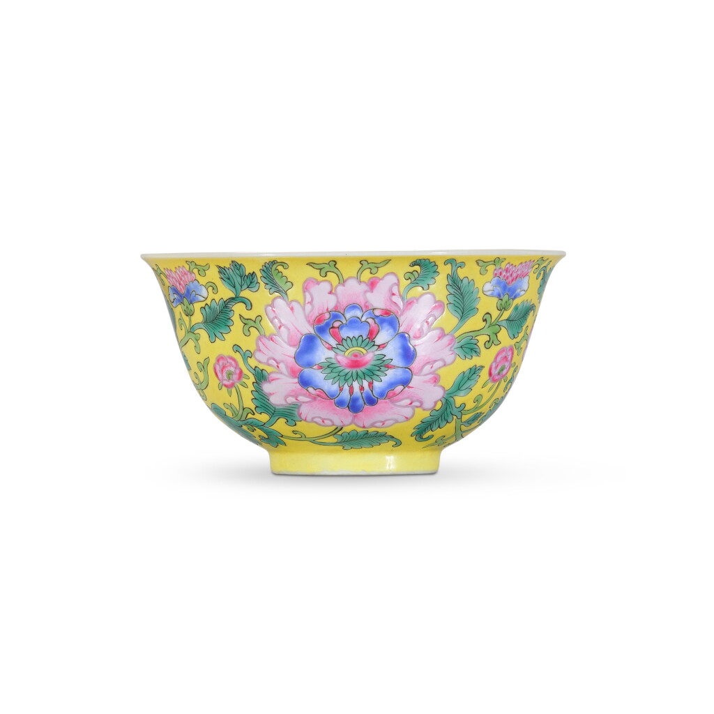 View full screen - View 1 of Lot 24. A fine yellow-ground famille-rose 'floral' bowl, Seal mark and period of Daoguang.