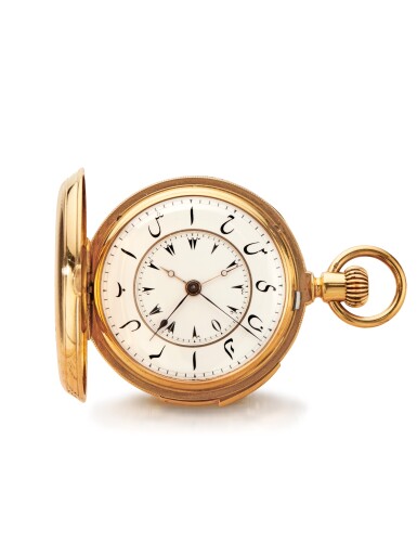 View full screen - View 1 of Lot 56. A rare yellow gold hunting cased quarter repeating dual time watch, Made in 1874 百達翡麗 罕有黃金二問報時兩地時間懷錶,1874年製.