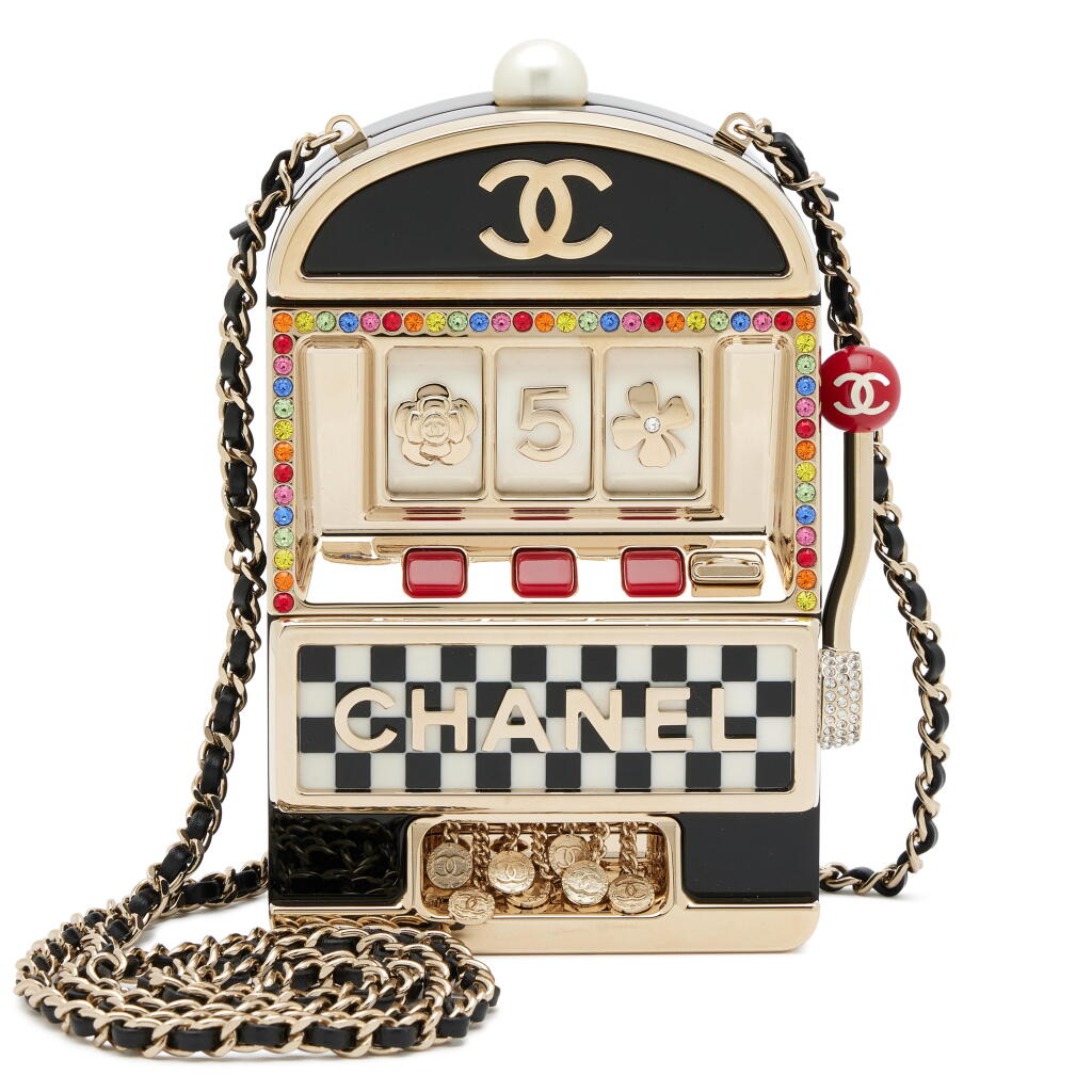 View full screen - View 1 of Lot 20. Casino Monaco Slot Machine Minaudière Pale Gold Hardware, 2023.