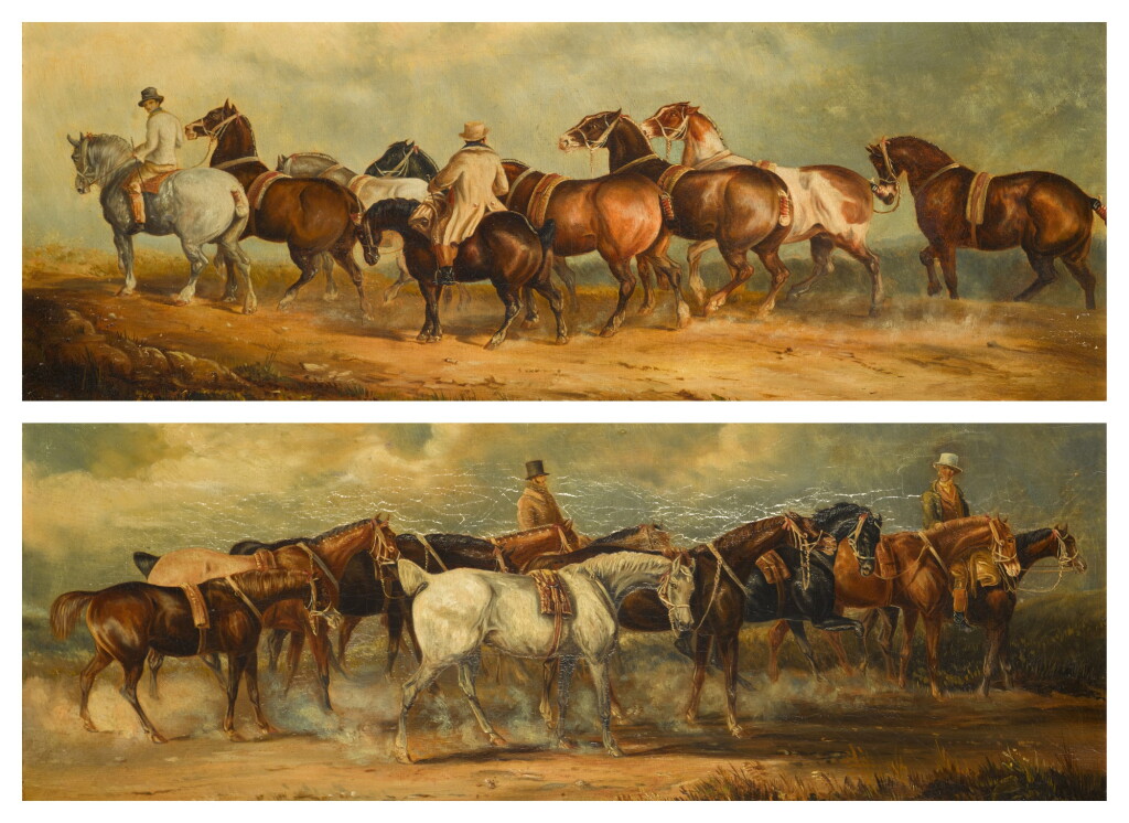 View full screen - View 1 of Lot 158. A pair of scenes of horses being led.
