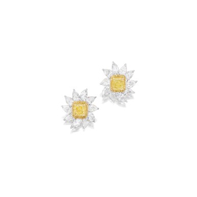 View full screen - View 1 of Lot 1693. PAIR OF FANCY INTENSE YELLOW DIAMOND AND DIAMOND EARRINGS 2.12及1.92卡拉 濃彩黃色 VS2及VS1淨度 鑽石 配 鑽石 耳環一對.