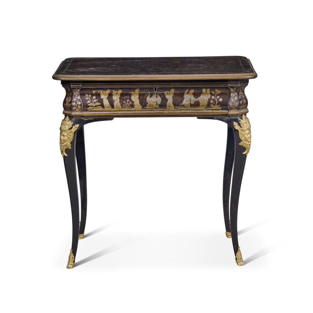 View full screen - View 1 of Lot 663. A French Régence Style Gilt Bronze Mounted Brass-Inlaid Simulated Tortoiseshell and Ebonised Walnut Centre Table, 19th Century.