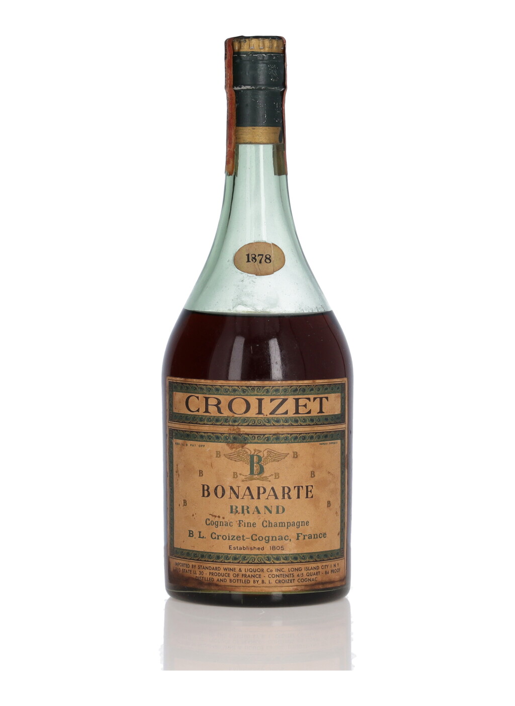View full screen - View 1 of Lot 299. Croizet Bonaparte Fine Champagne Cognac 84 Proof 1878 (1 Bottle 4/5 Quart).