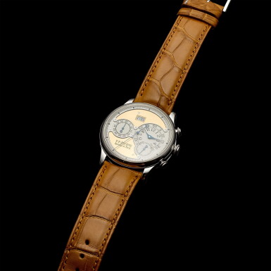 View full screen - View 1 of Lot 164. Octa Chronographe | A platinum automatic fly-back chronograph wristwatch with date and custom dial, ordered in 2001 and delivered in 2002 | "F.P. Journe Octa Chronographe | 鉑金自動上鏈飛返計時腕錶備日期顯示及定製錶盤,2001年下訂,2002年交付".