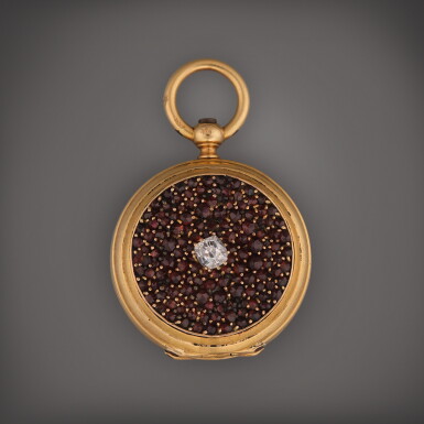 View full screen - View 1 of Lot 481. A miniature yellow gold and diamond and garnet-set open faced watch, Circa 1840.