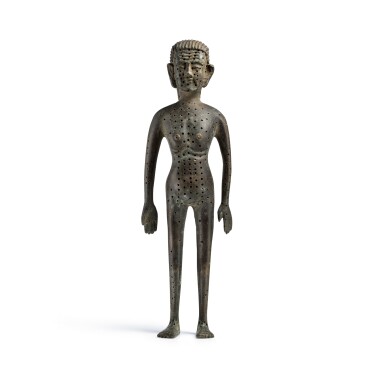 View full screen - View 1 of Lot 2012. A rare imperial bronze acupuncture figure, Qing dynasty, Yongzheng period 清雍正 御製銅針灸穴位人像.