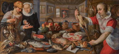 View full screen - View 1 of Lot 106. A kitchen scene with figures around a table laden with fish, fowl, and wicker basket with fruit, in the background a figure placing a cauldron over a fireplace.