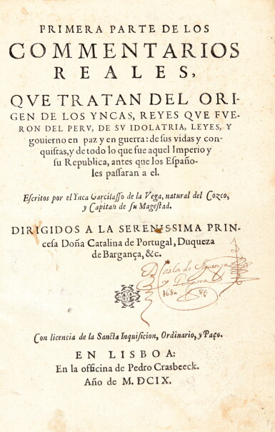 View full screen - View 1 of Lot 254. Lasso de la Vega. Two works: Primera parte de los commentarios reales. 1609 & Historia general del Peru. 1617.