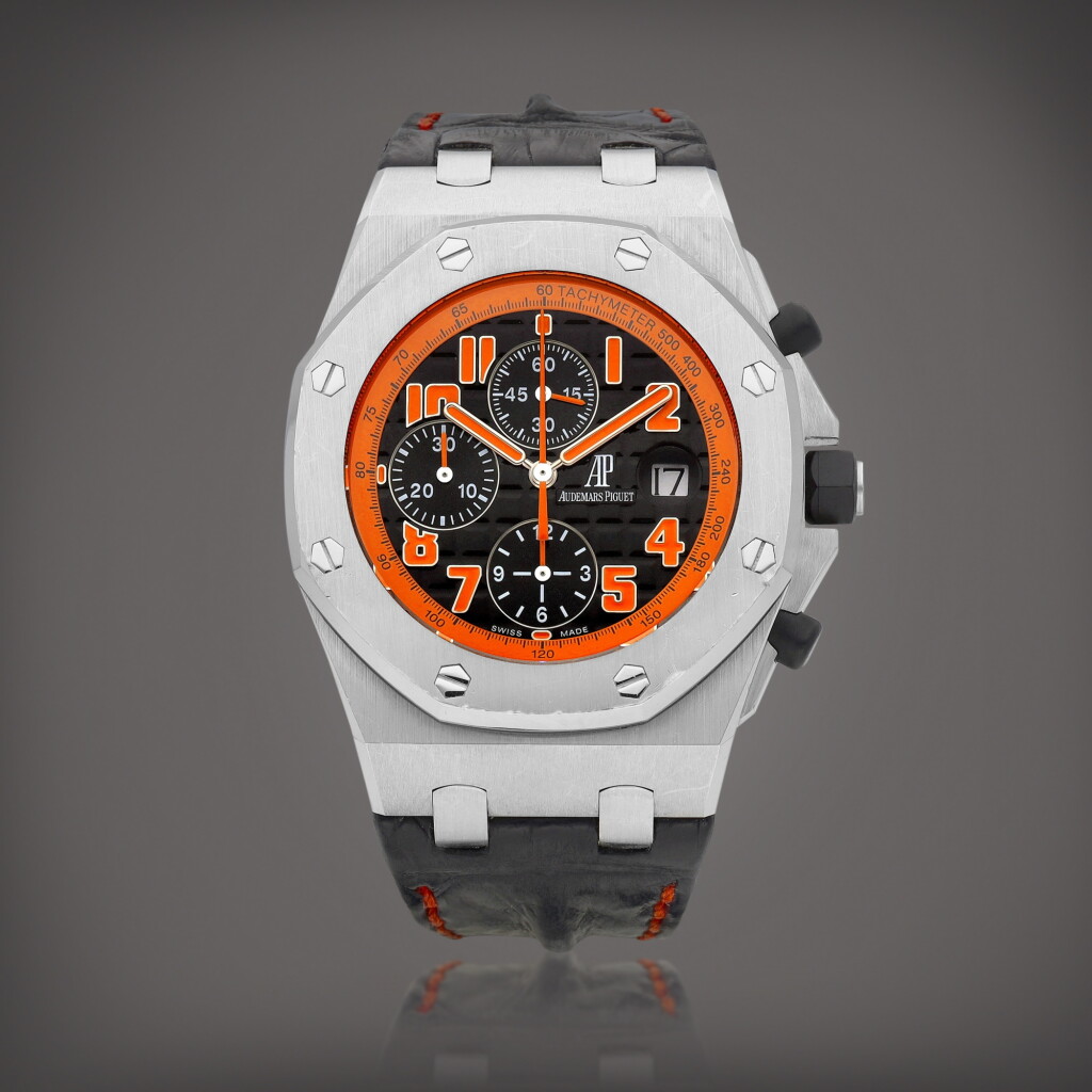 View full screen - View 1 of Lot 2177. Royal Oak Offshore 'Volcano', Reference 26170ST.OO.D101CR.01 | A stainless steel chronograph wristwatch with date, Circa 2008 | 愛彼 | 皇家橡樹離岸型系列 '火山橘特別版' 型號26170ST.OO.D101CR.01 | 精鋼計時腕錶,備日期顯示,約2008年製.