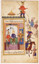 An illustrated and illuminated folio from a manuscript of Husayn Va’iz al-Kashifi’s Akhlaq-i Muhsini: Ya'qub ibn Layth standing on the roof in full armour, Persia, Shiraz, Safavid, 16th century