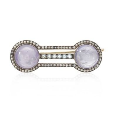 View full screen - View 1 of Lot 1534. A Fabergé star-sapphire, aquamarine and seed pearl platinum and gold brooch, workmaster August Hollming, St Petersburg, 1908-1917.
