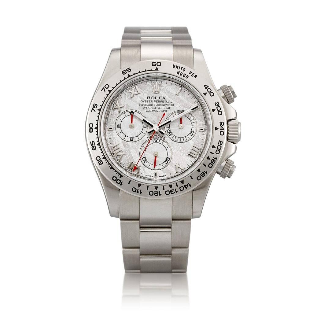 View full screen - View 1 of Lot 2120. Cosmograph Daytona, Reference 116509 | A white gold chronograph wristwatch with meteorite dial and bracelet, Circa 2011 | 勞力士 | Cosmograph Daytona 型號116509 | 白金計時鏈帶腕錶,備隕石錶盤,約2011年製.