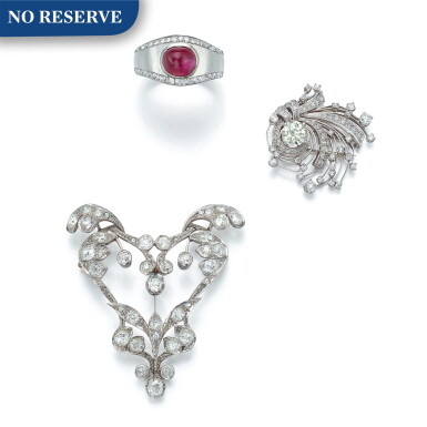 View full screen - View 1 of Lot 1745. RUBY AND DIAMOND RING AND TWO DIAMOND BROOCHES 紅寶石 配 鑽石 戒指; 及 鑽石別針兩枚.