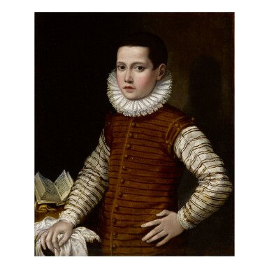 View full screen - View 1 of Lot 66. GERVASIO GATTI | PORTRAIT OF A BOY IN STRIPED DOUBLET AND WHITE RUFF, HIS LEFT ARM ON HIS HIP AND RIGHT RESTING ON A TABLE WITH AN OPEN BOOK, HALF-LENGTH.