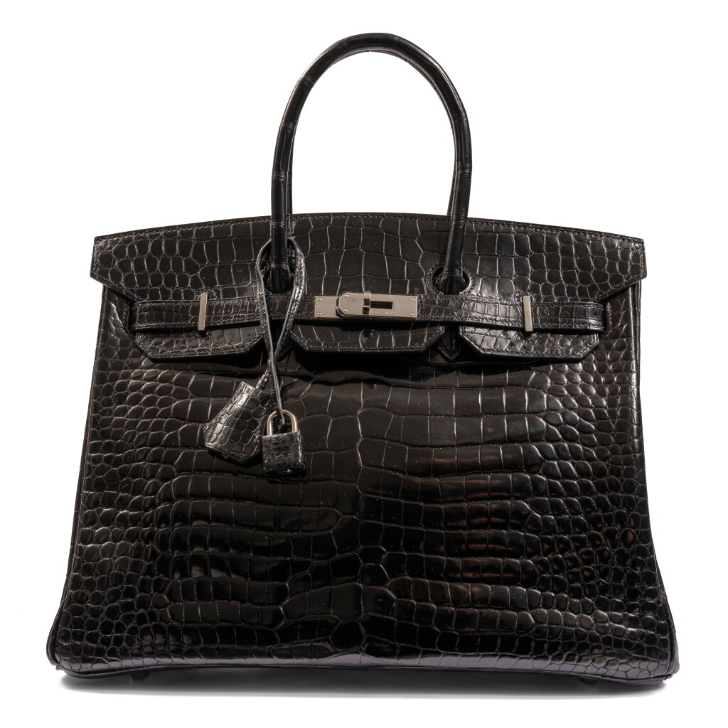 View full screen - View 1 of Lot 58. Black Shiny Porosus Crocodile Birkin 35 Palladium Hardware, 2010.